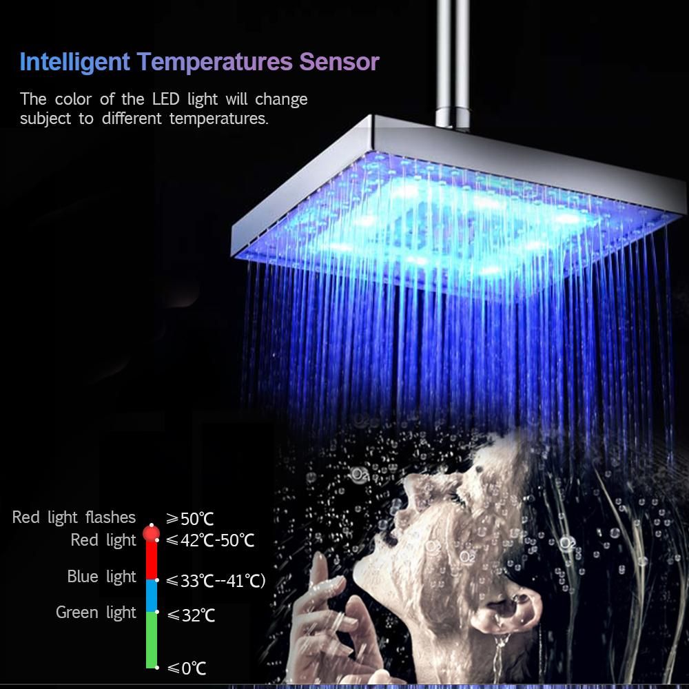 LED Rainfall Shower Head Square Shower Head Automatically RGB Color-Changing Temperature Sensor Showerhead for Bathroom