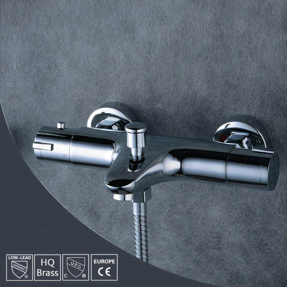 HOOMI Bathroom Thermostatic Exposed Bar Shower Mixer Valve Chrome Bottom Outlet G3/8 GE Plug Silver