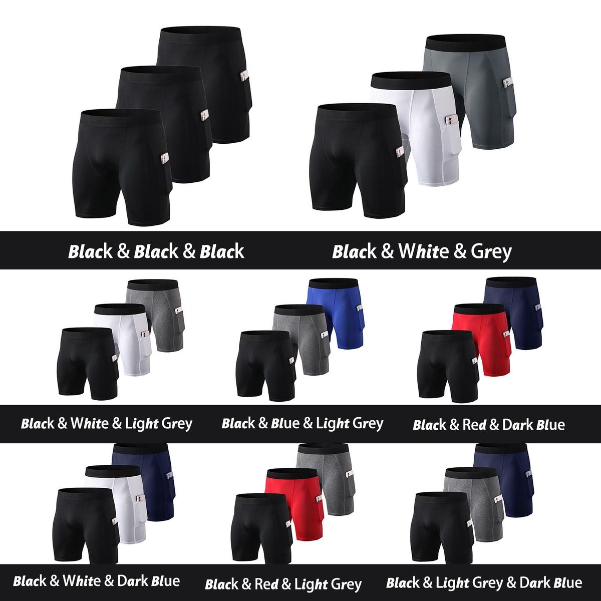 Men 3 Pcs Shorts Elastic Pocket Quick-dry Sports Athletic Tights Bodycon Briefs