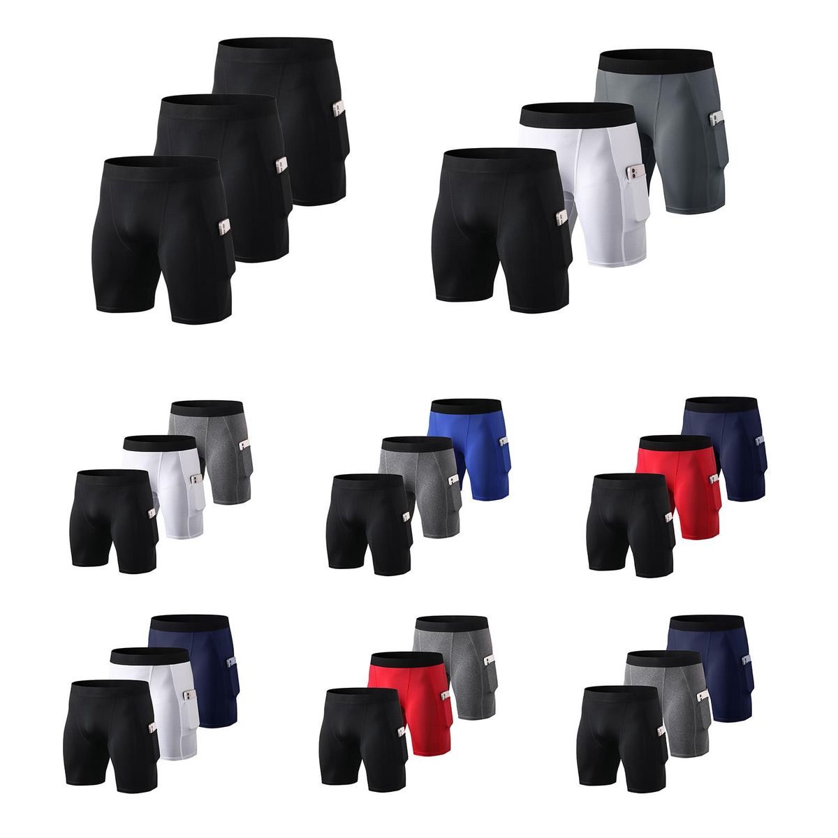 Men 3 Pcs Shorts Elastic Pocket Quick-dry Sports Athletic Tights Bodycon Briefs