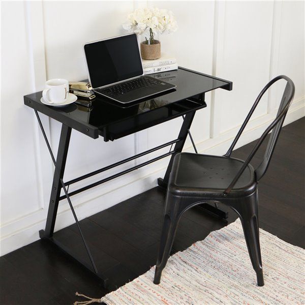 Walker Edison Metal Solo Computer Desk Glass Black