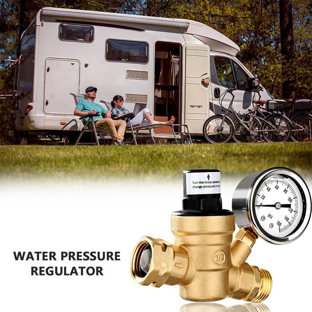 Water Pressure Regulator Valve Lead-Free Brass Adjustable Water Pressure Regulator Reducer with 0-160PSI Gauge and Inlet Screened Filter for RV Travel Trailer