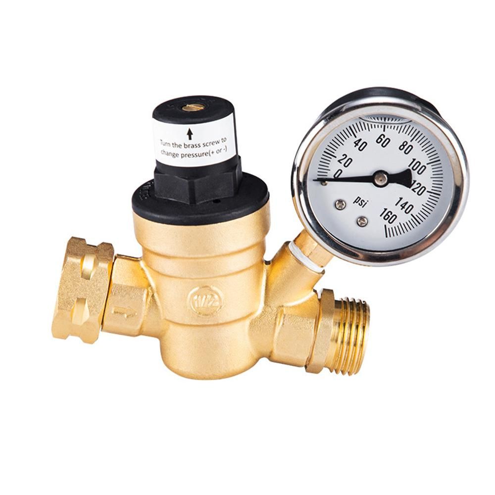 Water Pressure Regulator Valve Lead-Free Brass Adjustable Water Pressure Regulator Reducer with 0-160PSI Gauge and Inlet Screened Filter for RV Travel Trailer