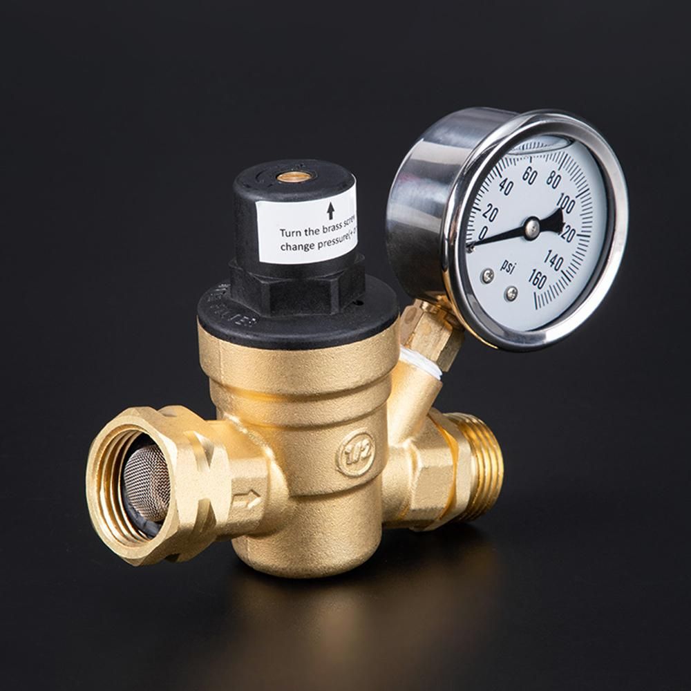 Water Pressure Regulator Valve Lead-Free Brass Adjustable Water Pressure Regulator Reducer with 0-160PSI Gauge and Inlet Screened Filter for RV Travel Trailer