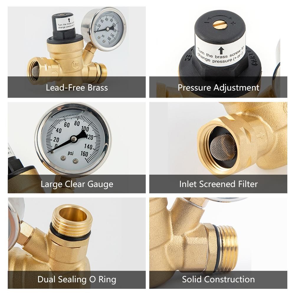 Water Pressure Regulator Valve Lead-Free Brass Adjustable Water Pressure Regulator Reducer with 0-160PSI Gauge and Inlet Screened Filter for RV Travel Trailer