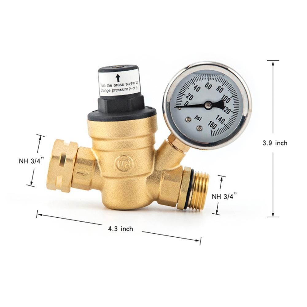 Water Pressure Regulator Valve Lead-Free Brass Adjustable Water Pressure Regulator Reducer with 0-160PSI Gauge and Inlet Screened Filter for RV Travel Trailer