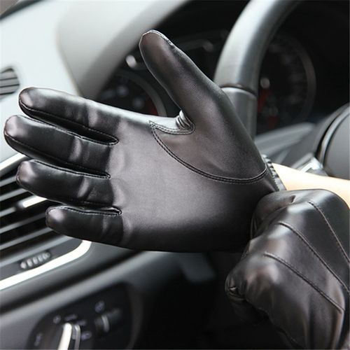 2021 Fashion Black PU Leather  Male Thin Style Driving Leather Men  Non-Slip Full Fingers Palm Touchscreen With Velvet