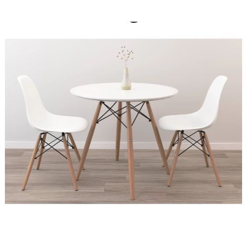 Wooden Leg Dining Table Round With 2 Sitting Chairs(White)