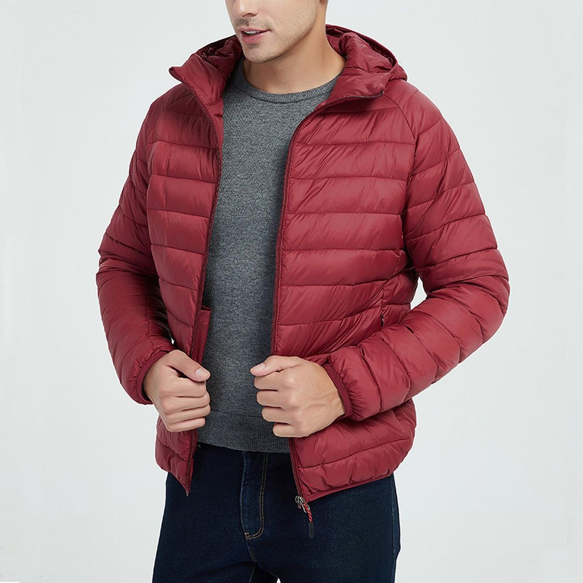 Men's Winter Warm Down Hoody Jacket, Gift For Husband Dad, With Red L