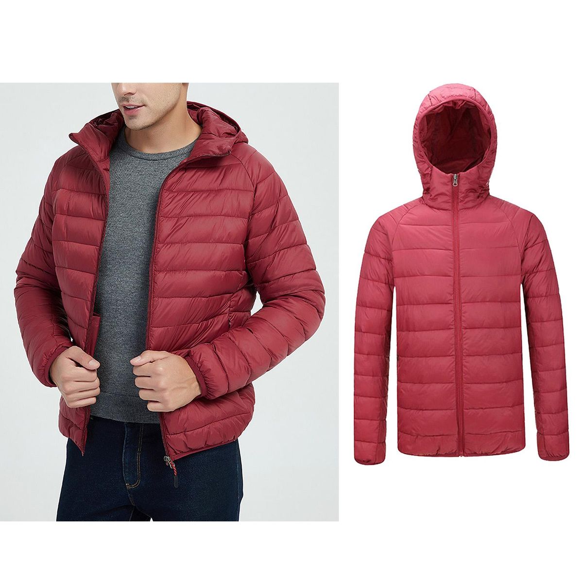 Men's Winter Warm Down Hoody Jacket, Gift For Husband Dad, With Red L