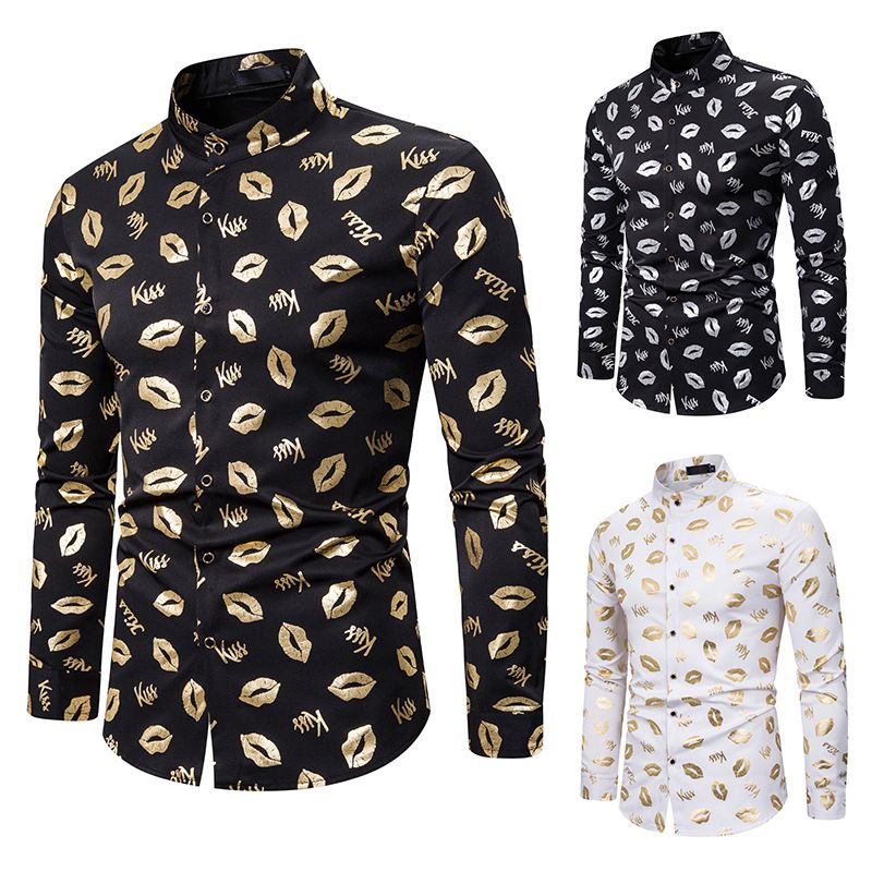 Men's Shirts Slim Fashion Lips Bronzing Print Shirts Dress Costumes