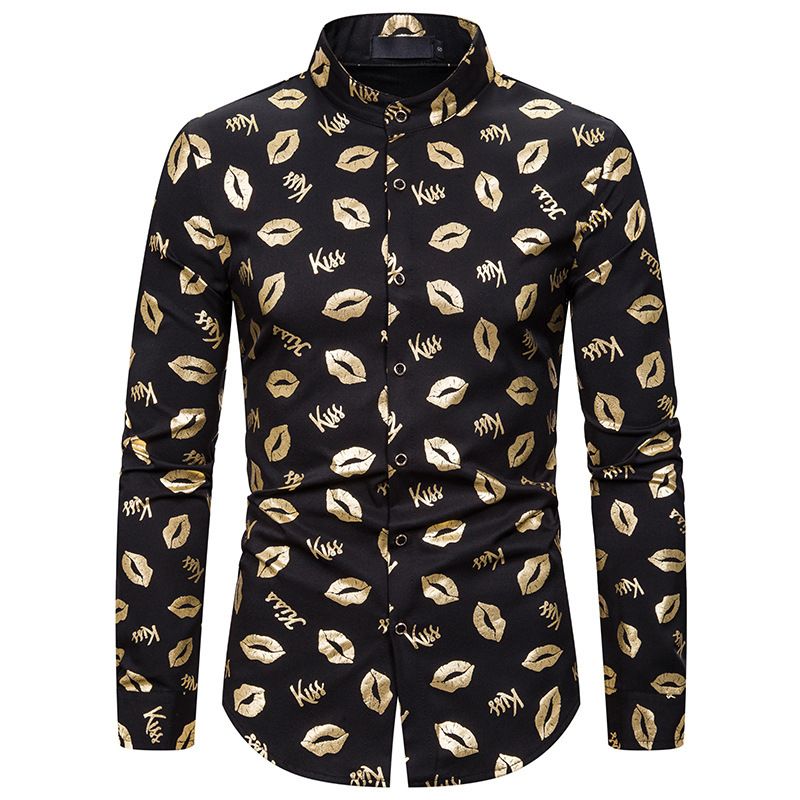 Men's Shirts Slim Fashion Lips Bronzing Print Shirts Dress Costumes