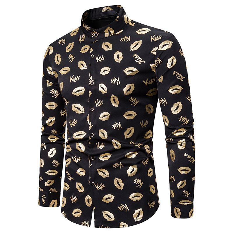 Men's Shirts Slim Fashion Lips Bronzing Print Shirts Dress Costumes