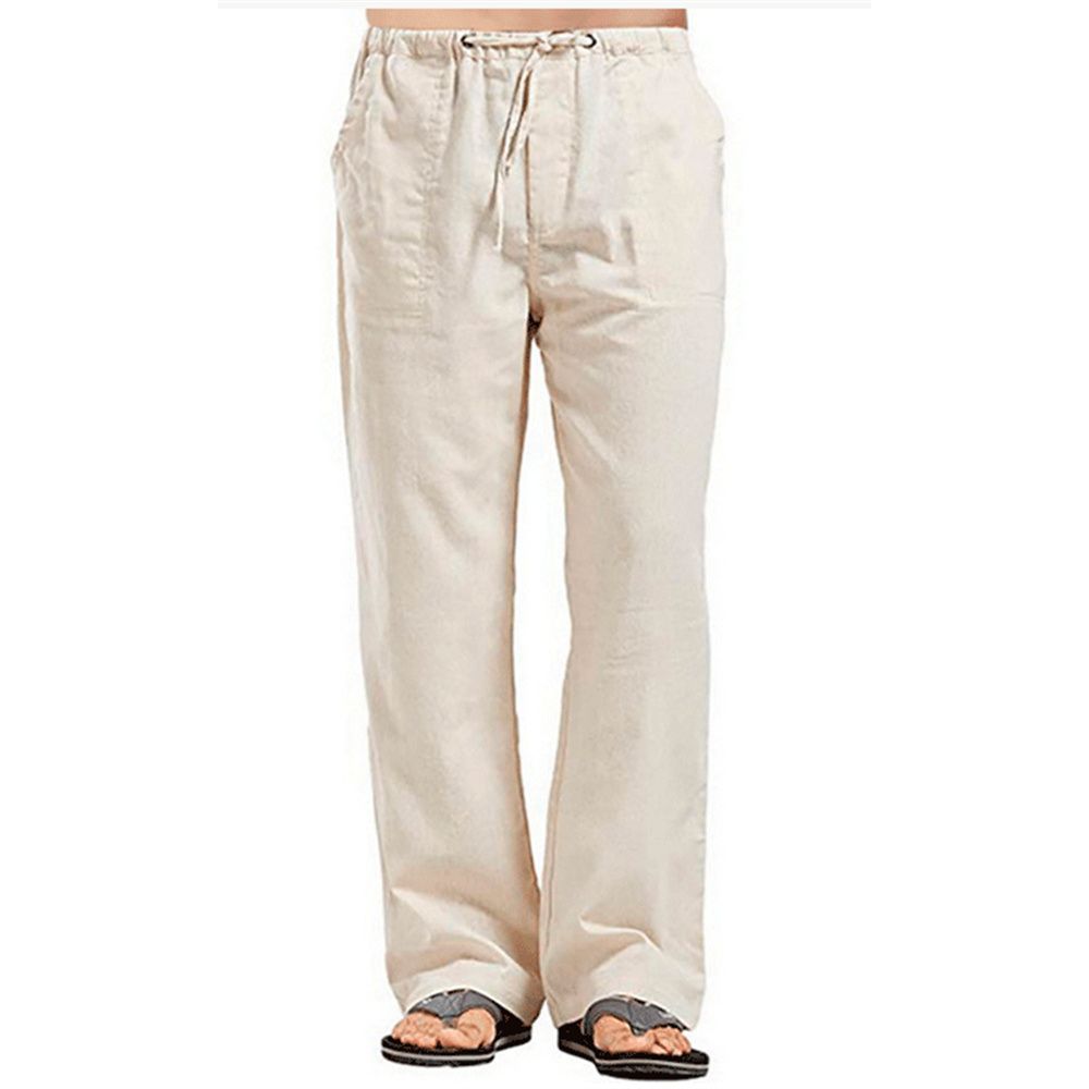 (Black)Men's Cotton Linen Pants Summer Solid Color Breathable Linen Trousers Mal