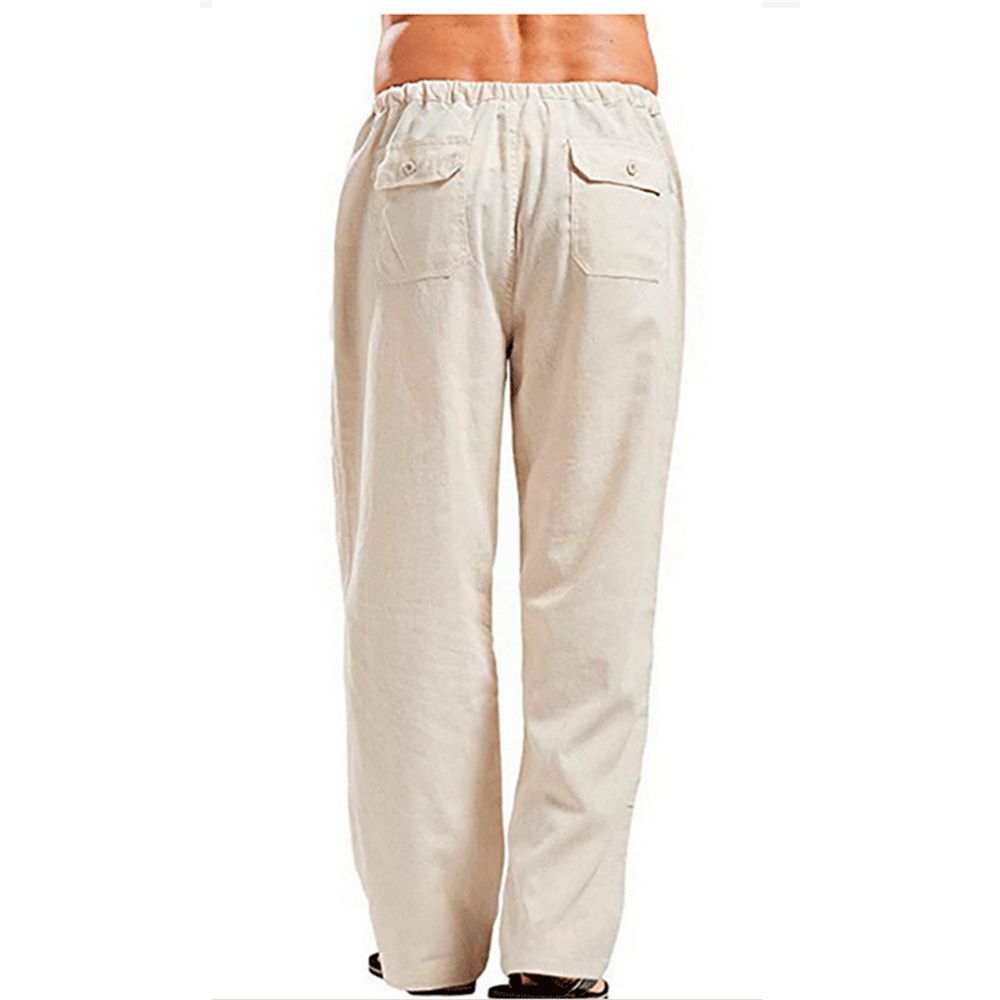 (Black)Men's Cotton Linen Pants Summer Solid Color Breathable Linen Trousers Mal