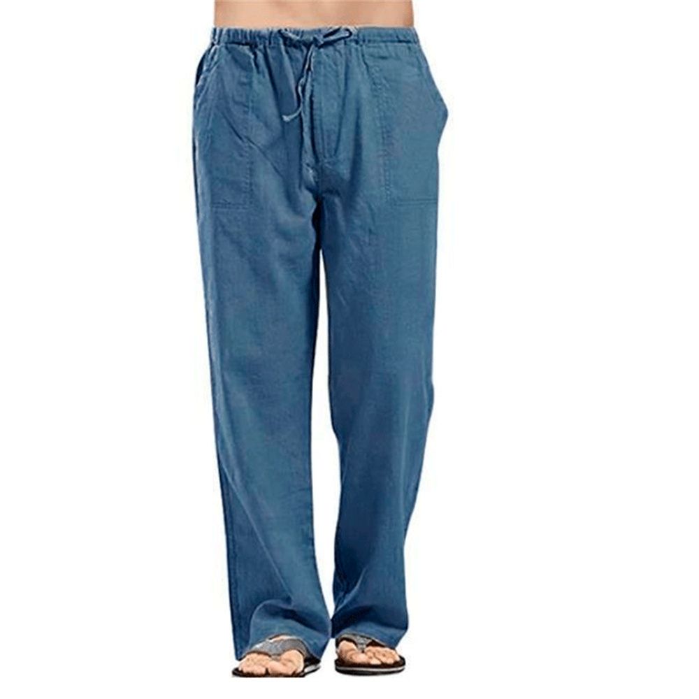 (Black)Men's Cotton Linen Pants Summer Solid Color Breathable Linen Trousers Mal