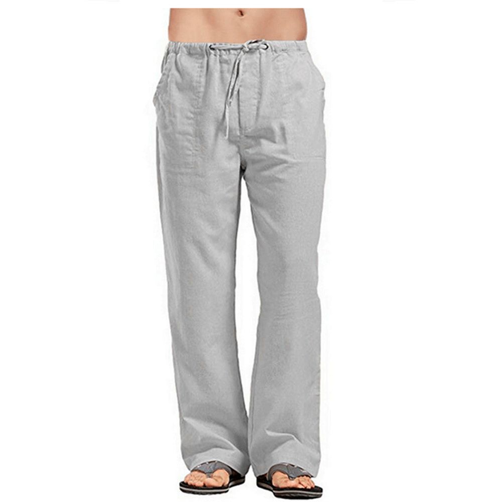 (Black)Men's Cotton Linen Pants Summer Solid Color Breathable Linen Trousers Mal