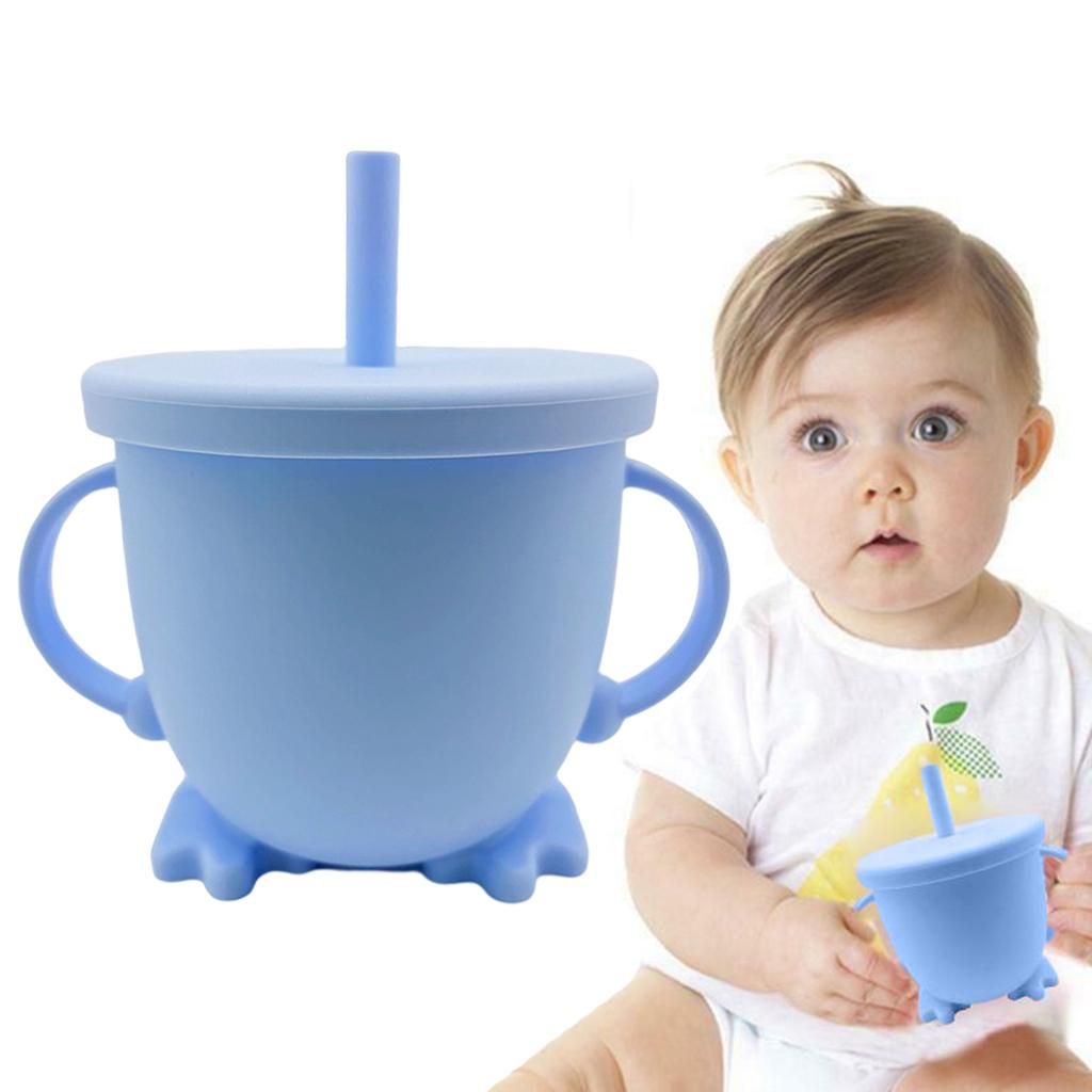 Cartoon Baby Sippy Cups Sprill Proof With Silicone Straw Light Bue