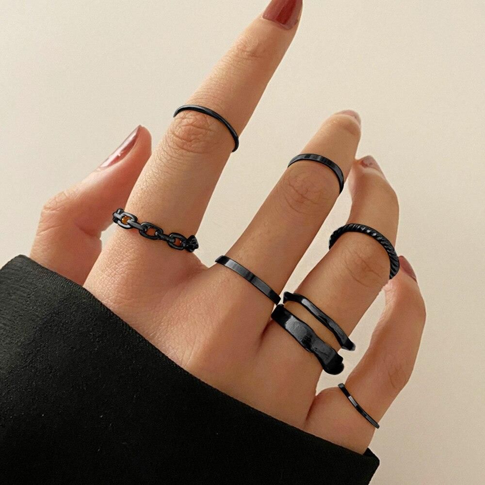 New European and American cross-border simple temperament lady ring twist chain alloy ring seven-piece set