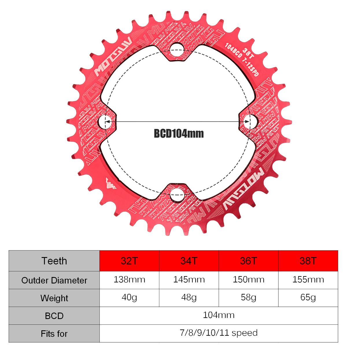 32T/34T/36T/38T Bike Chainring 104mm BCD 4-bolt Bicycle