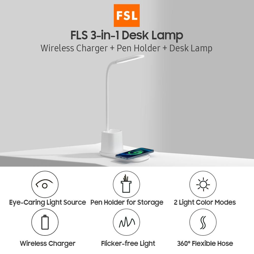 FLS Desk Lamp with Wireless Charger Dimmable Eye-Caring 360° Flexible Office Light with 2 Color Modes/Pen Holder Touch Control Reading Light