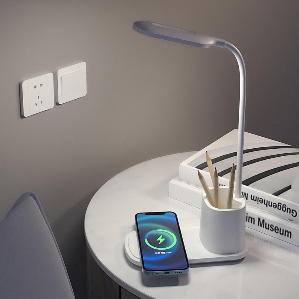 FLS Desk Lamp with Wireless Charger Dimmable Eye-Caring 360° Flexible Office Light with 2 Color Modes/Pen Holder Touch Control Reading Light