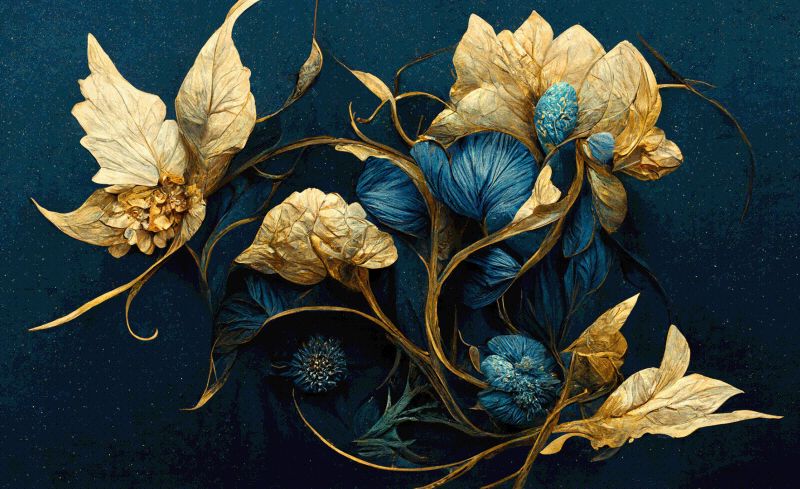 Blue And Gold Floral Art Framed Wall Art Canvas