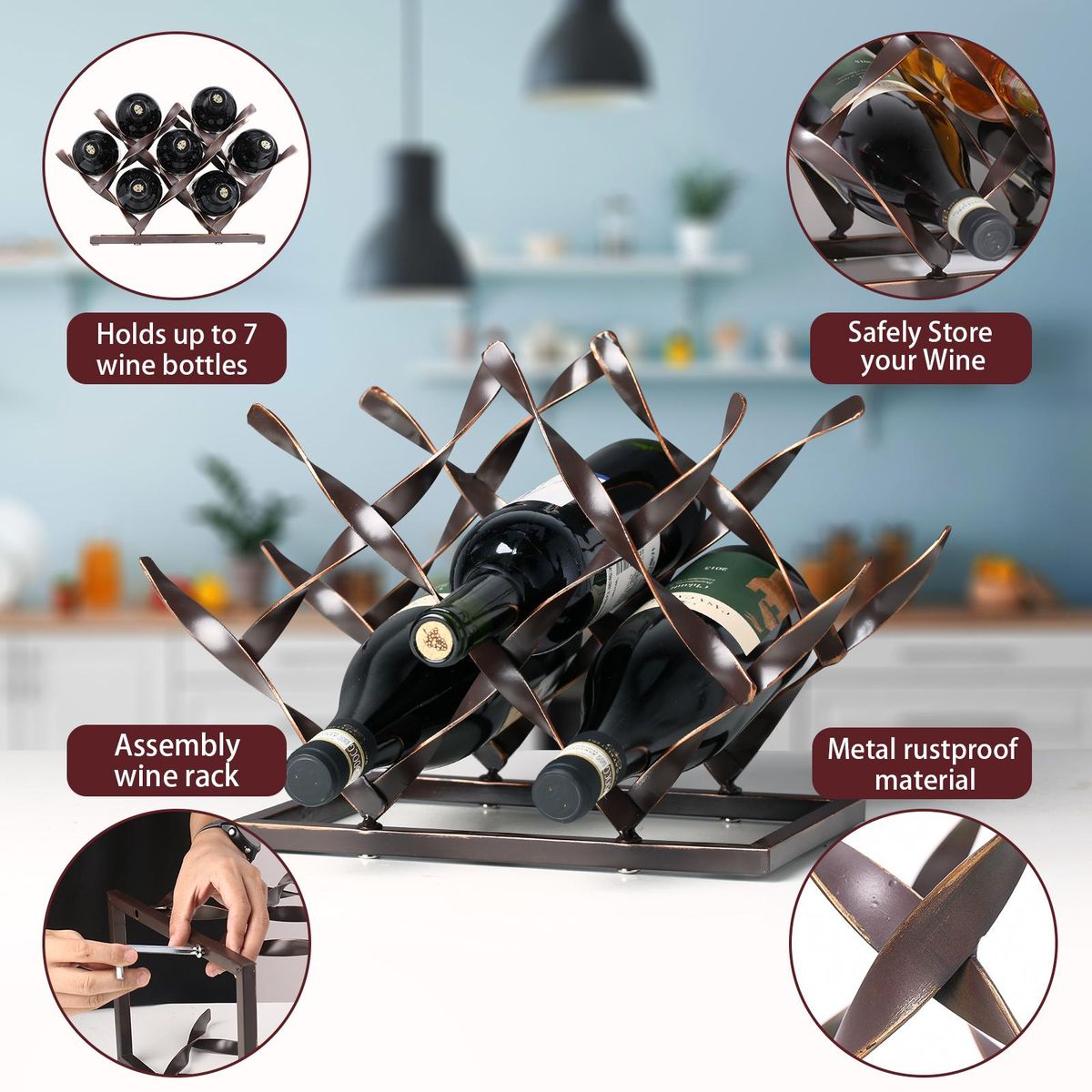 Tomfeel Iron Wine Rack Winebottle Holder Simple and Modern Bottles Organizer Perfect Home Decor, Bar, Sideboard Kitchen Storage (7 Bottles)
