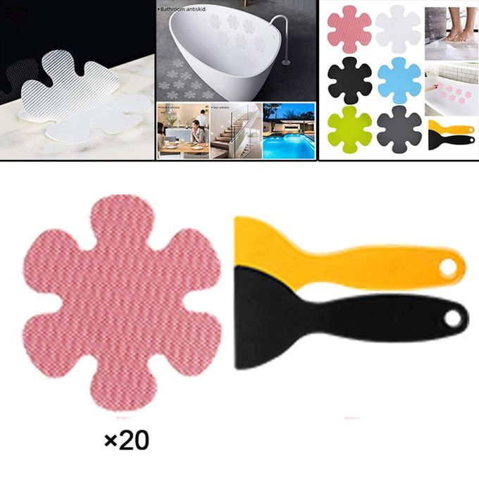 20 Pieces Anti Slip Stickers With Scraper Shower Mat For Slippery Pink