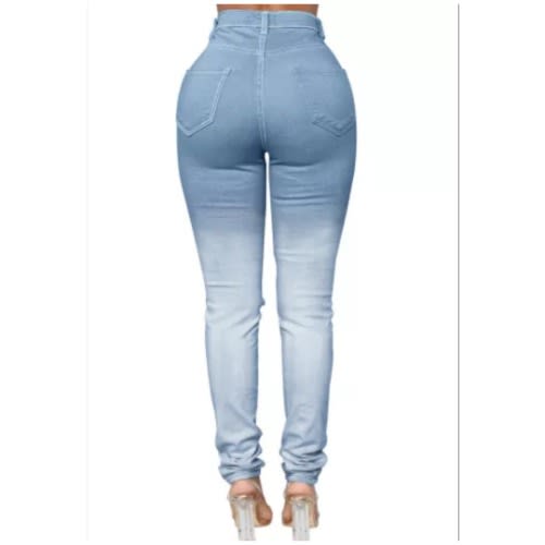 Gradient Color Slim Fit Distressed High Waist Jeans - Sky Blue