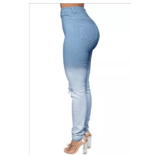 Gradient Color Slim Fit Distressed High Waist Jeans - Sky Blue