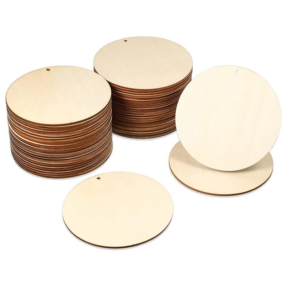 50 Pieces Wood Circles Unfinished Round Cutouts -Drilled Tags Slices Blank Wooden Discs with Holes Pendants 4 Inch