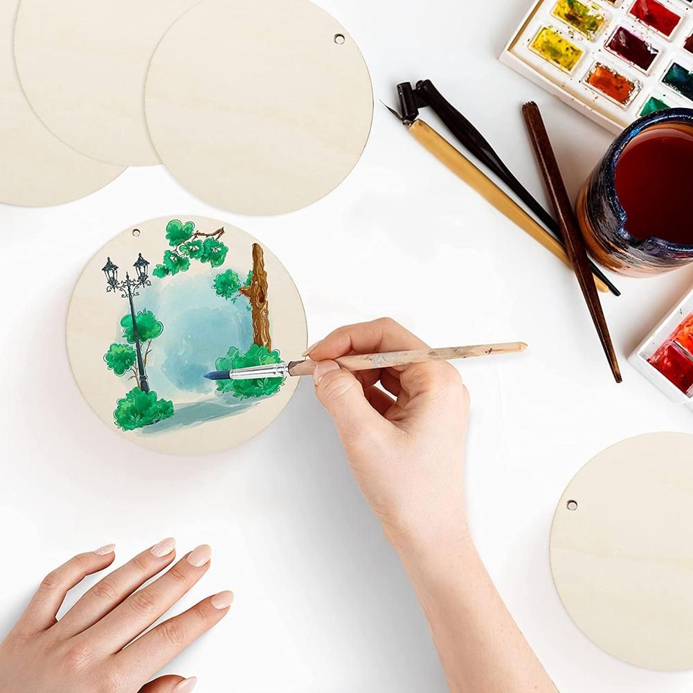 50 Pieces Wood Circles Unfinished Round Cutouts -Drilled Tags Slices Blank Wooden Discs with Holes Pendants 4 Inch