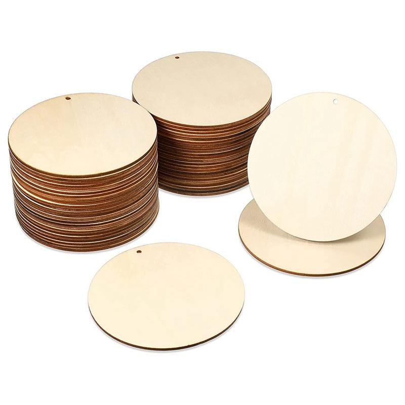 50 Pieces Wood Circles Unfinished Round Cutouts -Drilled Tags Slices Blank Wooden Discs with Holes Pendants 4 Inch