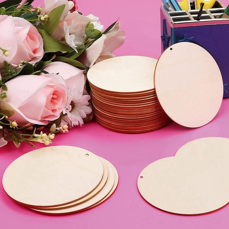 50 Pieces Wood Circles Unfinished Round Cutouts -Drilled Tags Slices Blank Wooden Discs with Holes Pendants 4 Inch