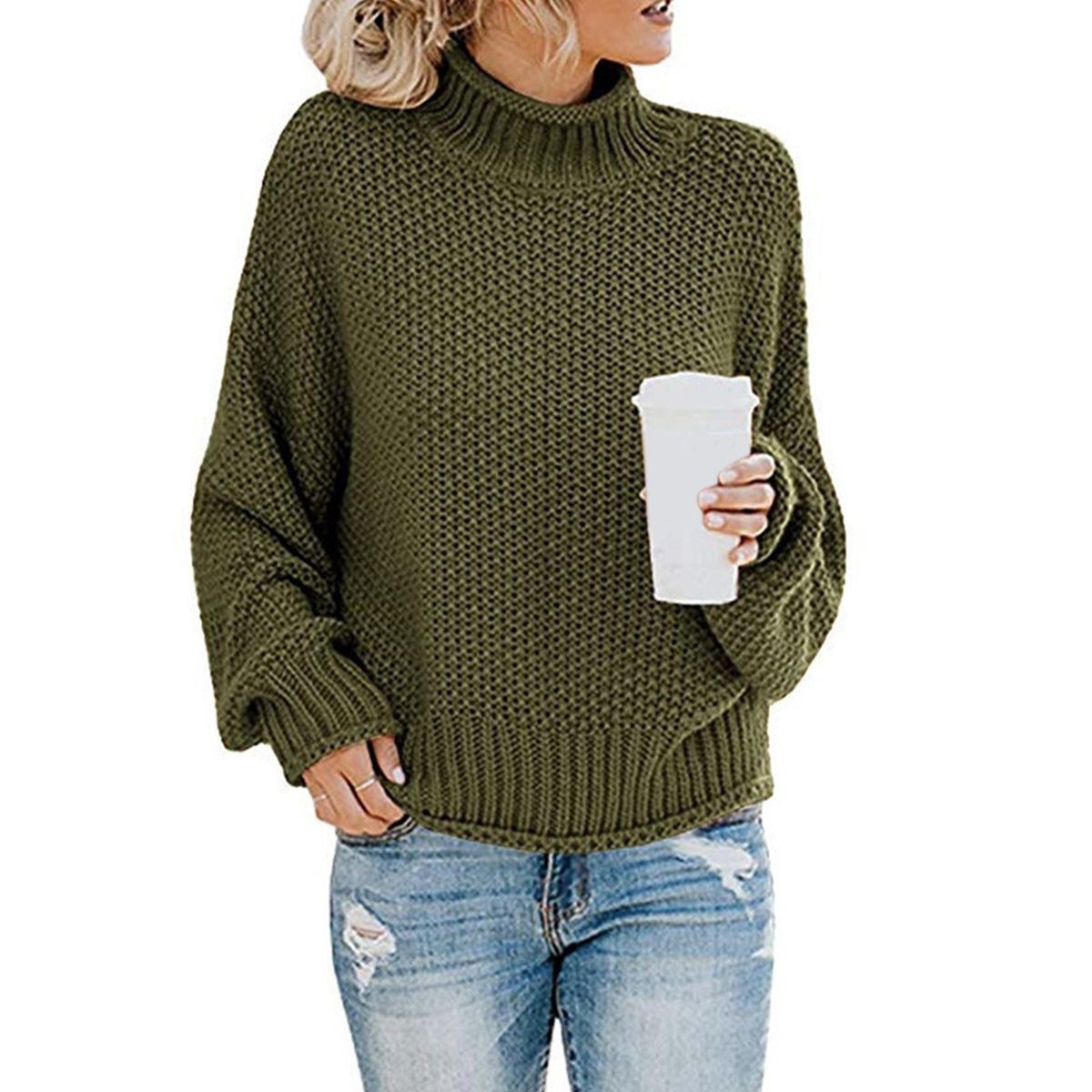 Chunky Knitted Sweater Jumper Tops Cable Knit M Green