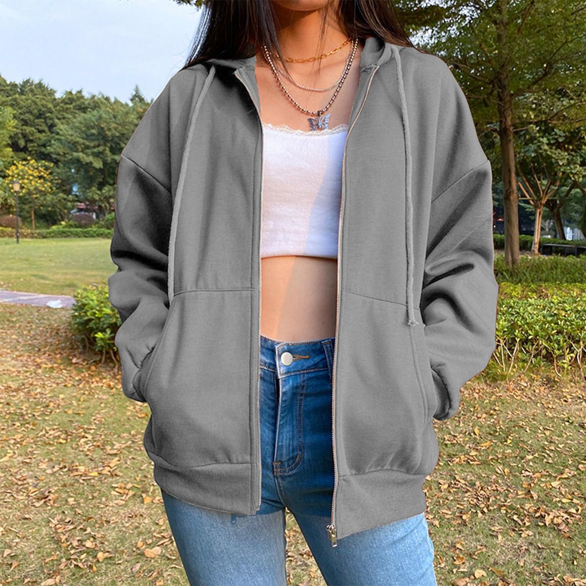 Womens Hoodie Jacket Fashion Lightweight Streetwear Grey L
