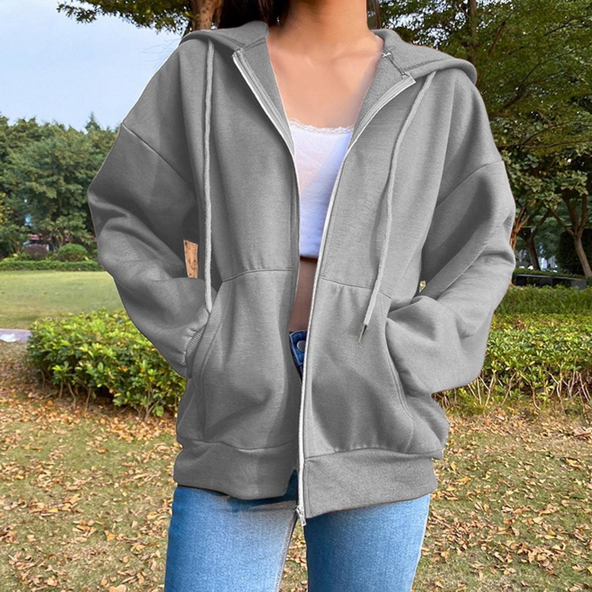 Womens Hoodie Jacket Fashion Lightweight Streetwear Grey L
