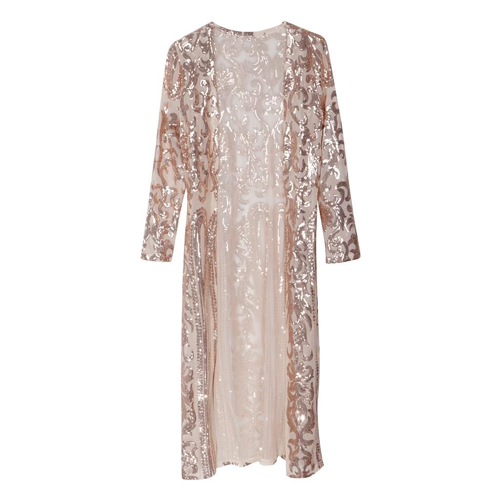 Womens Long Sequin Open Front Cardigan Coat Mesh Sheer Jacket Golden