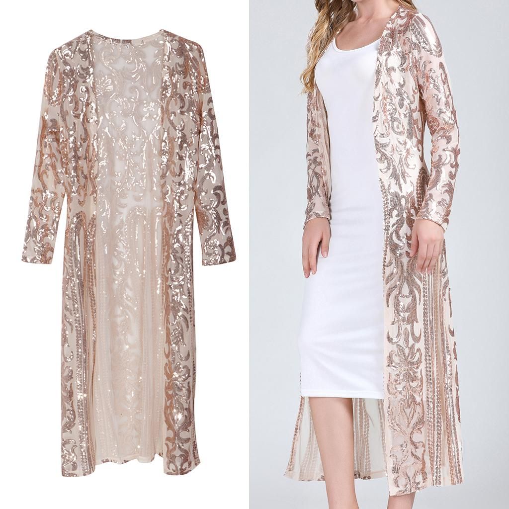 Womens Long Sequin Open Front Cardigan Coat Mesh Sheer Jacket Golden