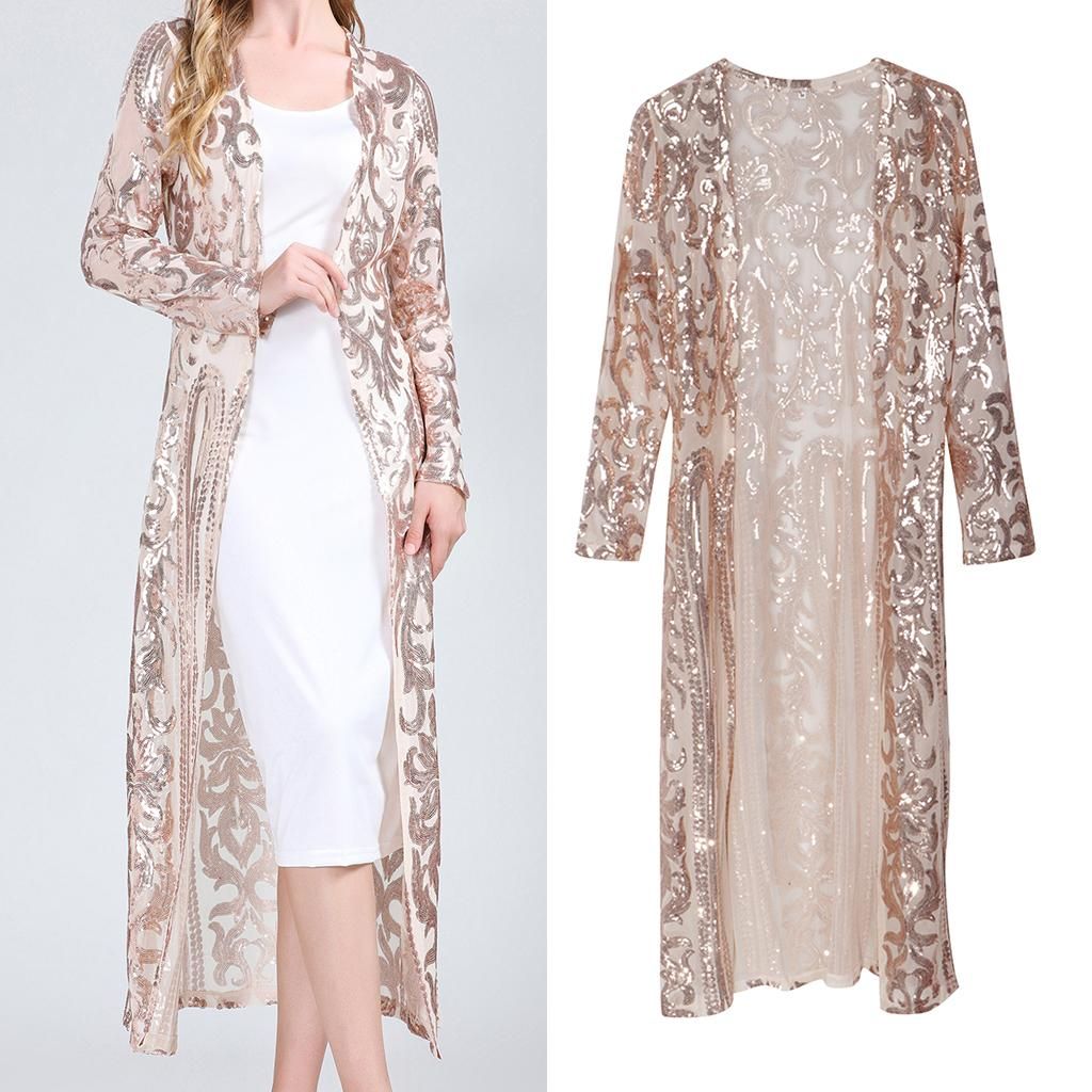 Womens Long Sequin Open Front Cardigan Coat Mesh Sheer Jacket Golden