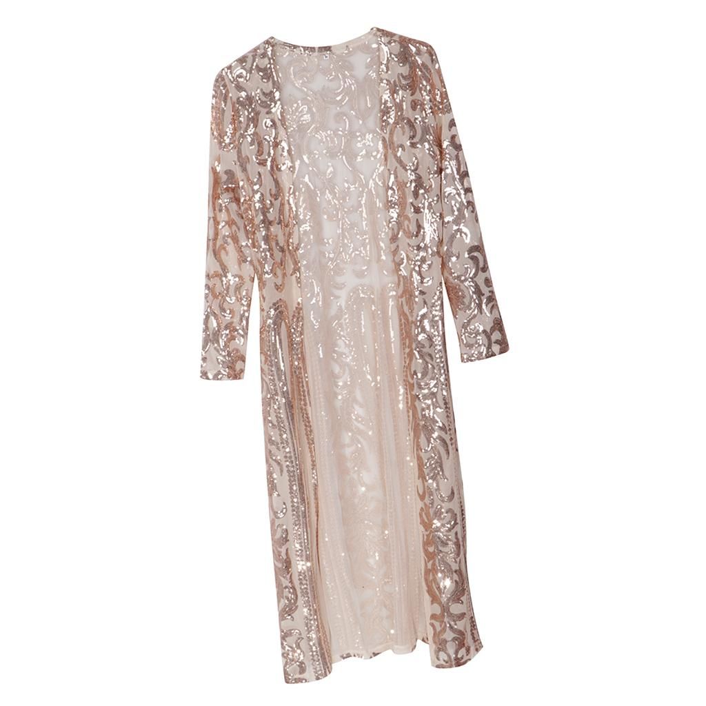 Womens Long Sequin Open Front Cardigan Coat Mesh Sheer Jacket Golden
