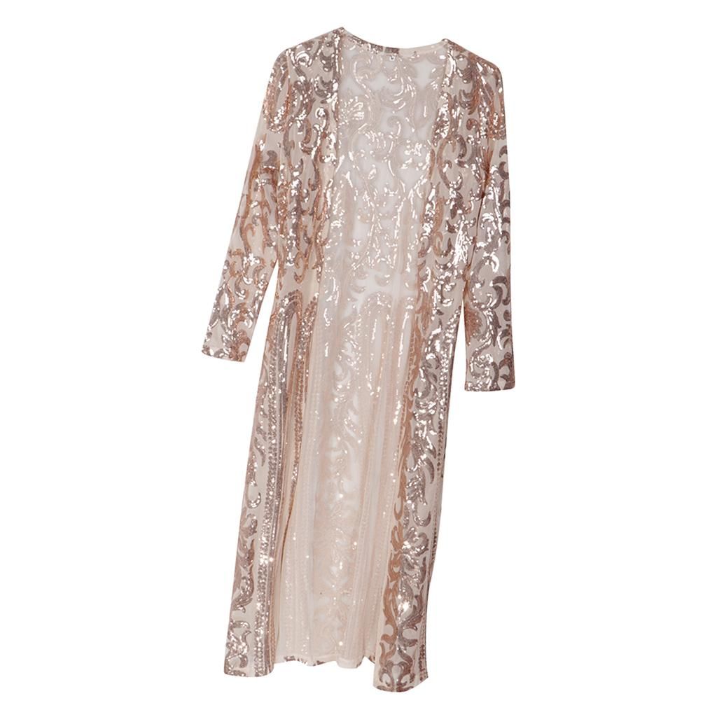 Womens Long Sequin Open Front Cardigan Coat Mesh Sheer Jacket Golden