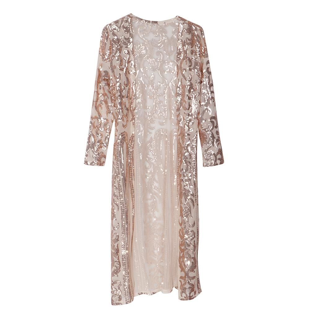 Womens Long Sequin Open Front Cardigan Coat Mesh Sheer Jacket Golden