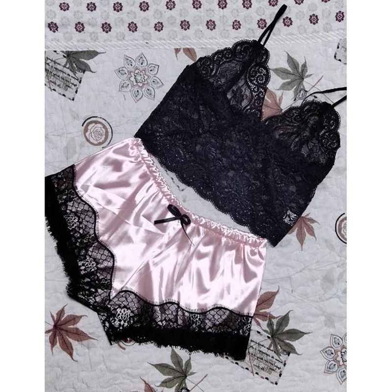 Women Pajamas Women Sleepwear Sleeveless Strap Nightwear Lace Trim Satin Cami Top Pajama Sets Sexy Hot Erotic Home Wear Pink