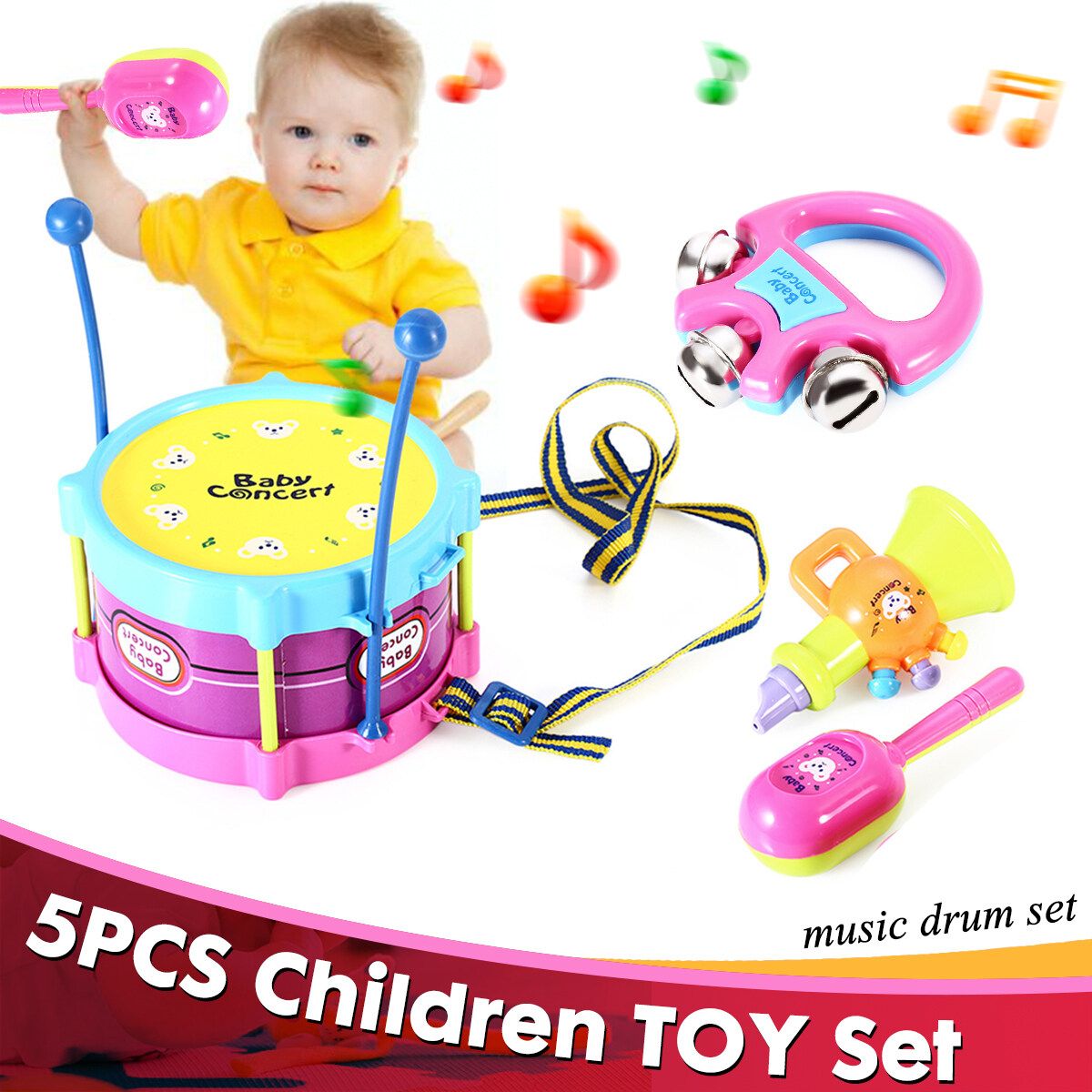 5PCS Boy & Girl Children Drum Musical Toy Kit Musical Instruments For Kids Gifts