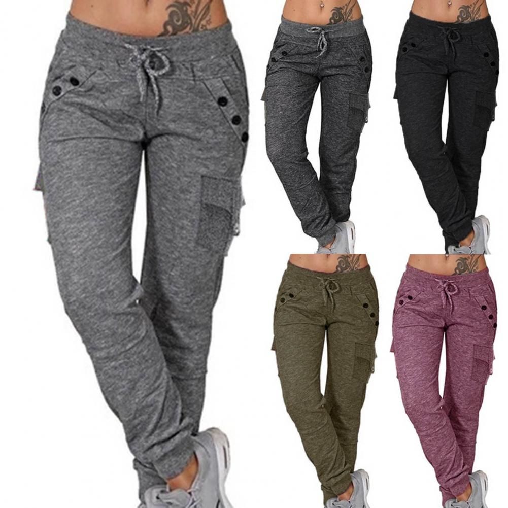 Women Solid Cargo Pants Multicolor Stretch Casual Lacing Drawstring High Waist Bottoms Trousers Fitness Tracksuit Dropshipping(#White 1)