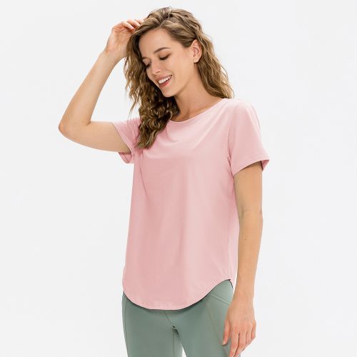 Women Summer Sports T-Shirt Short Sleeve Running Loose Yoga Top（Pink）