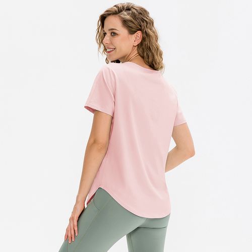 Women Summer Sports T-Shirt Short Sleeve Running Loose Yoga Top（Pink）
