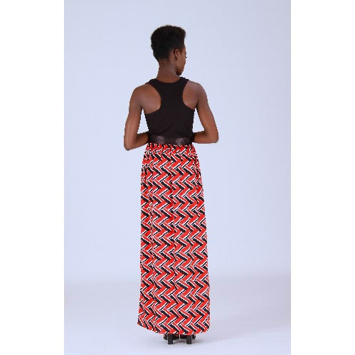 Maxi Chiffon Skirt with Button Up Slit – Black and Red